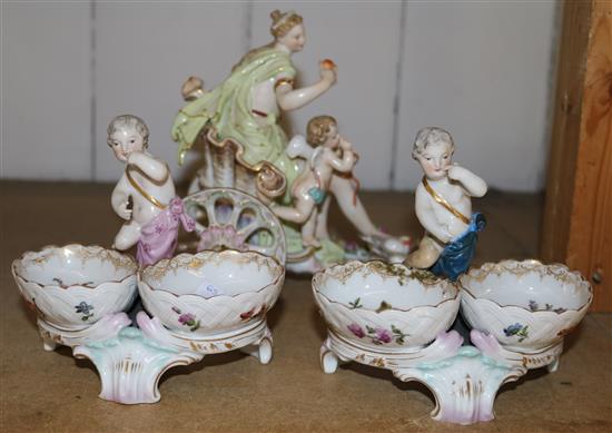 Pair of Berlin sweetmeat dishes, each surmounted by amorini (restored) and a  Meissen style chariot group (3)